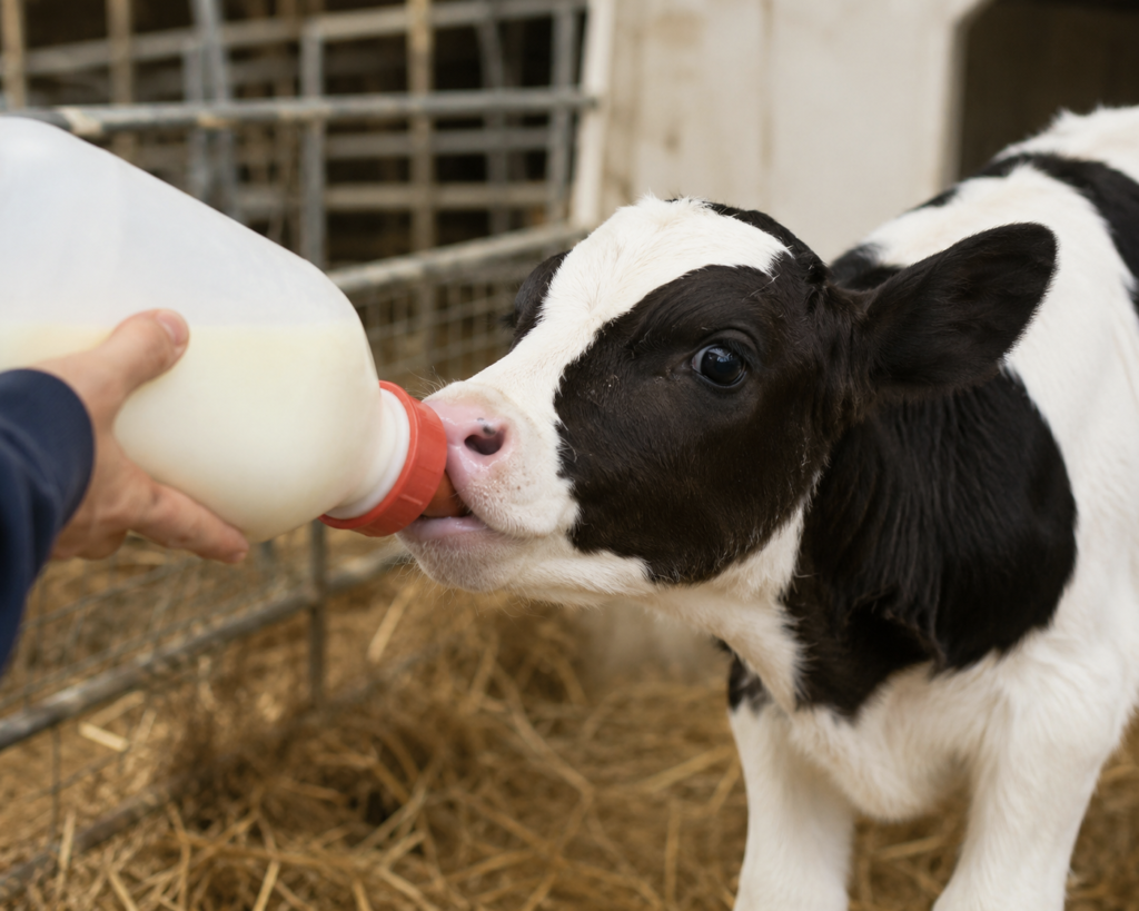 Newborn Holstein dairy calf being bottle-fed colostrum by a farmer in a straw-bedded pen